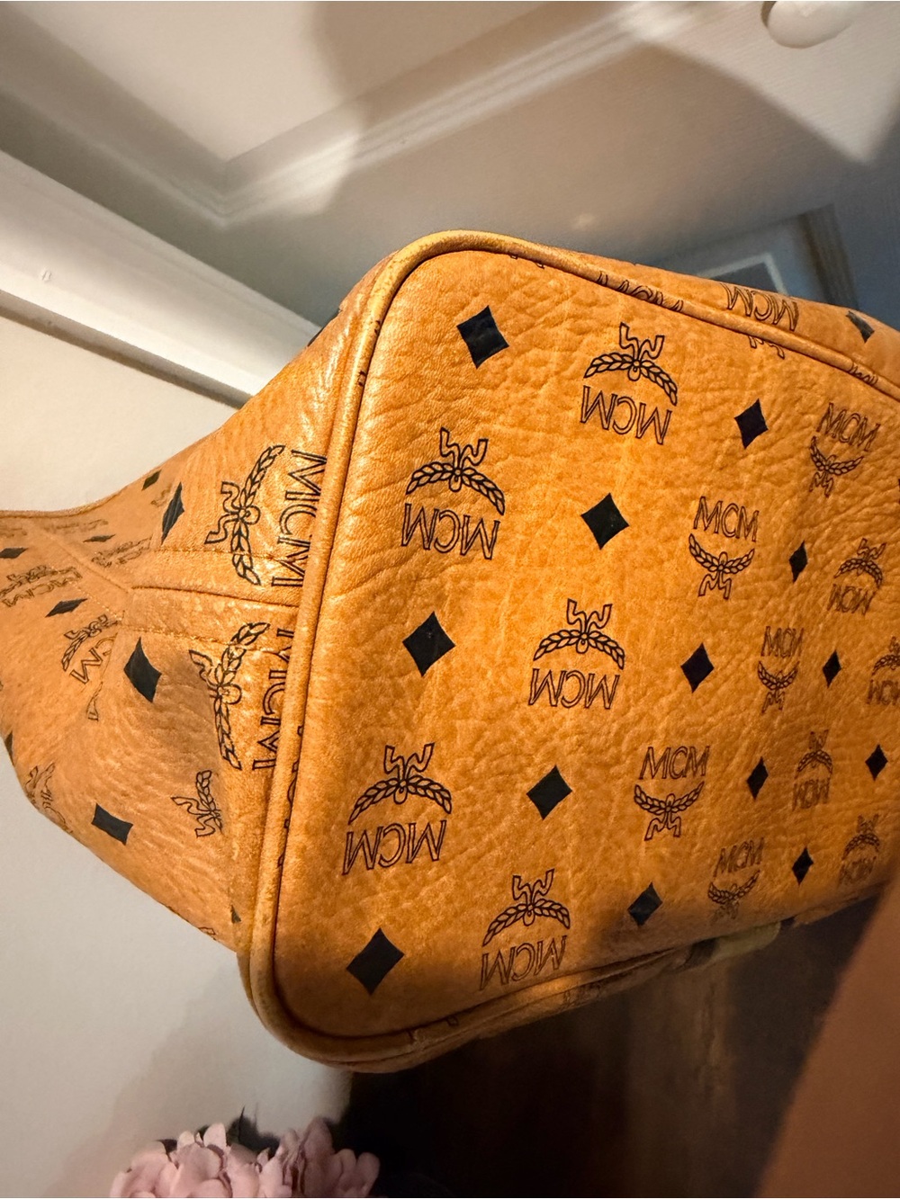 MCM Cognac Monogram Tote with Lime Stripe - Picture 3 of 5